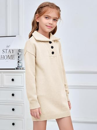 Meikulo Girls Sweater Dress Kids Knitted Button Pullover Dresses 5-14 Years