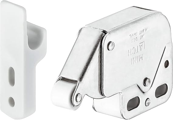 Hafele Push-to-Open Mini Latch with Strike - Automatic Spring Catch Touch Release Lock for Cabinets, Dressers, Cupboards, and Laundry Room Doors