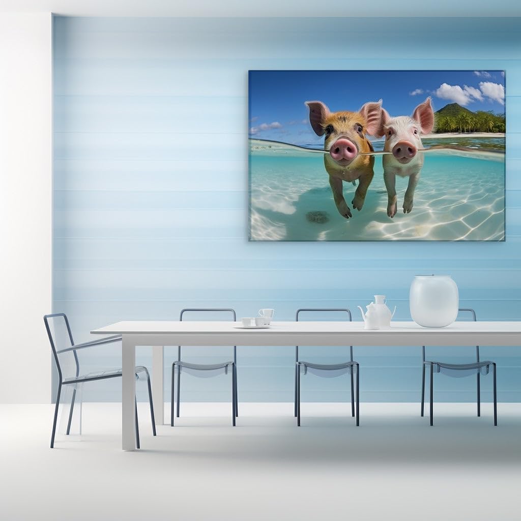 Canvas for Living room. Swimming Pigs in Paradise: An Idyllic Snapshot of Nature's Unexpected Swimmers, 27 x 18 inch Canvas Wall Art - Modern Home Decor