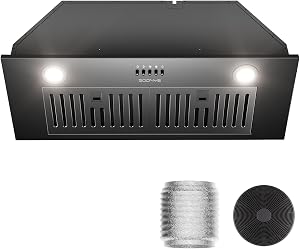 SOONEY 30 Inch Range Hood Insert, 600 CFM Convertible Ducted/Ductless Kitchen Hood with Matte Black Finish on Stainless Steel, 3-Speed Exhaust Fan with LED Lights, Baffle & Carbon Filters