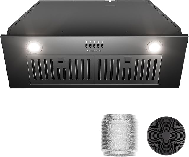 SOONEY 30 Inch Range Hood Insert, 600 CFM Convertible Ducted/Ductless Kitchen Hood with Matte Black Finish on Stainless Steel, 3-Speed Exhaust Fan with LED Lights, Baffle & Carbon Filters