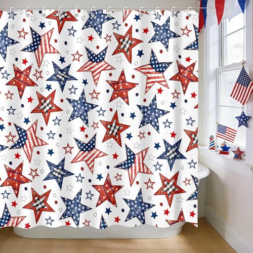 Moutina American Flag Star Patriotic Shower Curtain 4th of July Decor Red White Blue Bathroom Curtain Set - 72x72 Inch Waterproof Polyester Fabric with Hooks