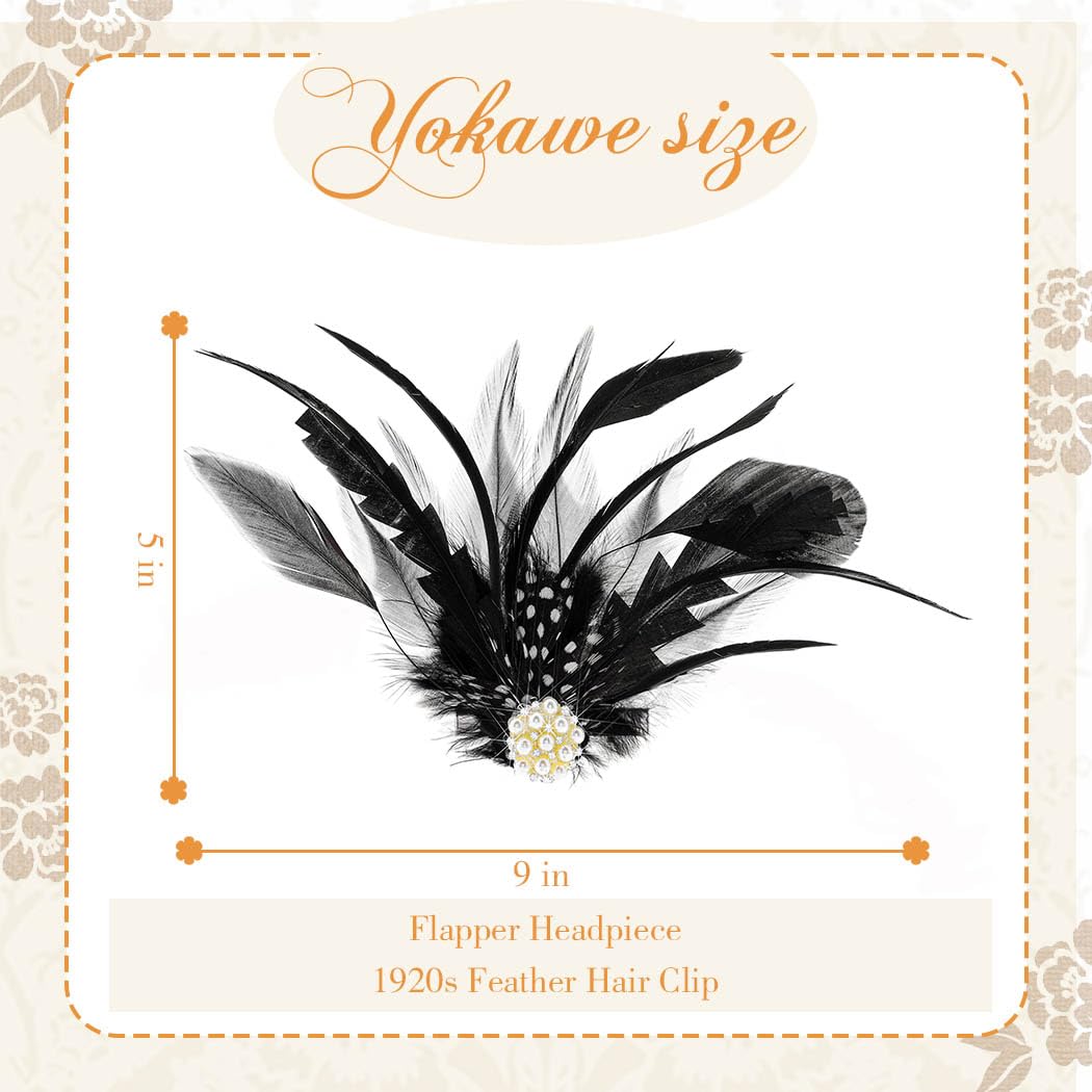 Yokawe 1920s Flapper Feather Hair Clip,Black Gatsby Pearl Headpiece for Women,Vintage Hair Accessories for Cocktail Parties - Image 4