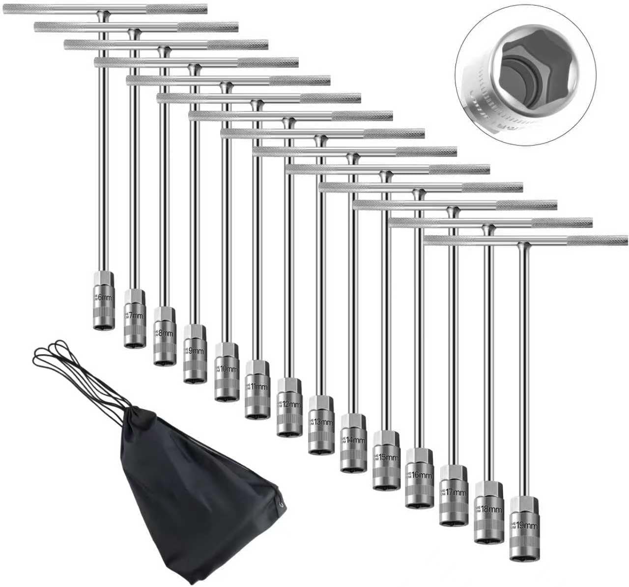 14Pcs T-Handle Wrenches Metric Socket Set, 6mm,-19mm Cr-V, Chrome Vanadium Steel T Handle Wrench Hex Socket for Motorcycle Bicycle Car Dirtbike Repair (14 Pack)