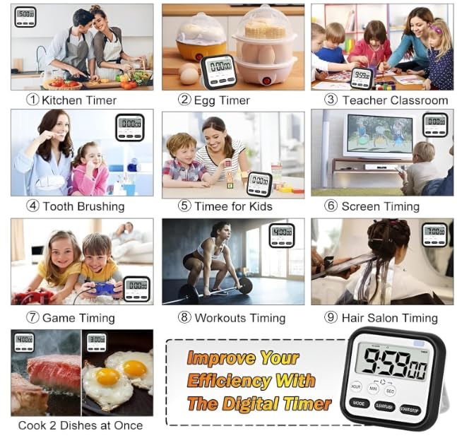 Image of Stopwatch Timer for Study Kitchen Timer Large LCD Screen 24hr Digital Display Magnetic Retractable Stand Loud Alarm Countdown Flashing Light for Students Cooking Black