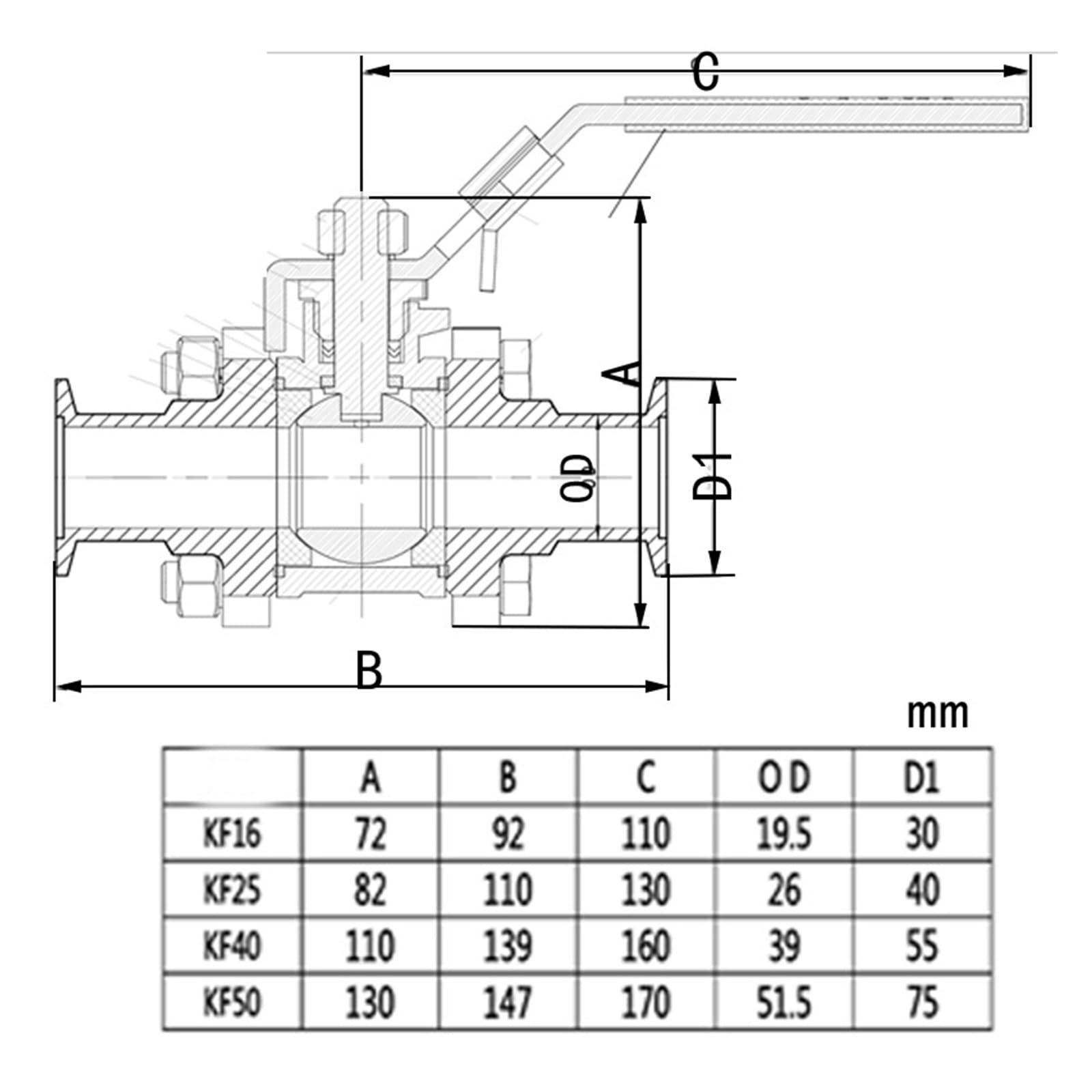 Vakuum-Kugelhahn, dreiteiliger Kugelhahn, Vakuumklemme TC30 mm, TC40 mm, TC55 mm, TC75 mm, KF16/25/40/50 (KF40)