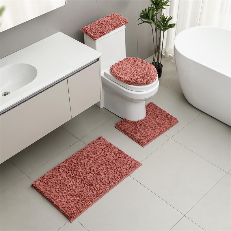 Tapis de bain chenille 3 pièces Xiao Hua rose poudré avec couvre-toilette