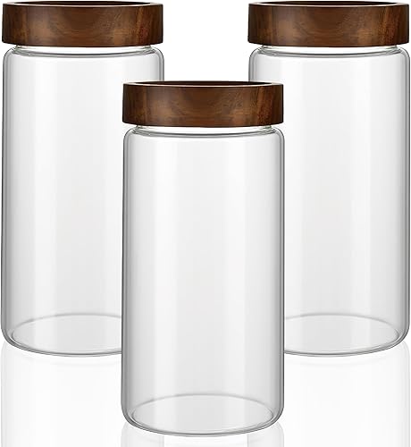 Miniatura 14 de Juego de 3 tarros de almacenamiento de vidrio transparente de 28 fl oz/850 ml con tapa de rosca de madera hermética, juego mediano de tarros