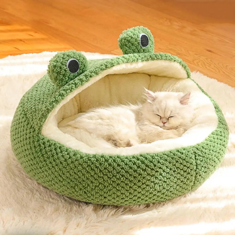 review Cute Cartoon Frog-Shaped Cat Dog Sleeping Bed,Comfortable Fluffy Round Pet Bed with Hood for Cats and Dogs,for Small and Medium Sized Pets, Calming Bed with Non-slip Bottom (M)