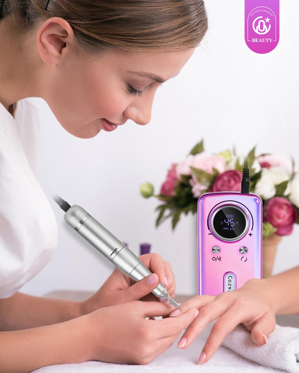 CozyZen Torno de uñas inalámbrico profesional: kit de lima de uñas eléctrica recargable de 45000 RPM, portátil y silencioso para uñas acrílicas, uñas de gel, manicura y pedicura - uso en salón y en
