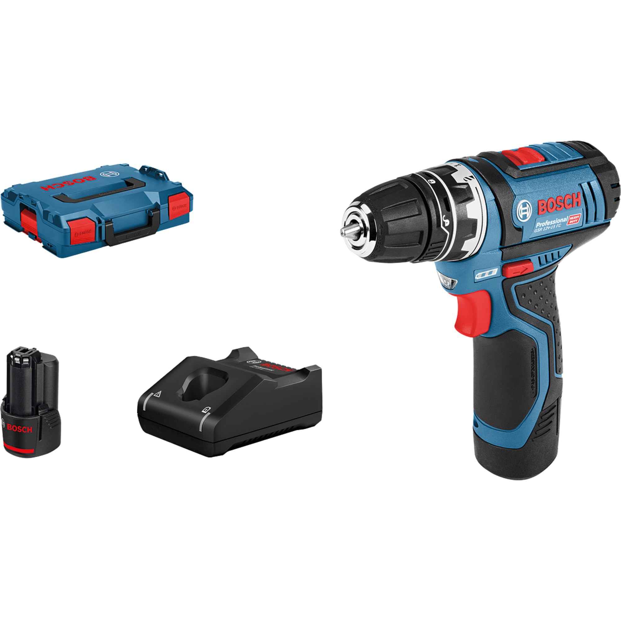 Bosch Professional system 12V: akumulatorowa wiertarko-wkrętarka GSR 12V-15 FC (2 akumulatory GBA 12V 2.0Ah, szybka ładowarka GAL 12V-40, wymienny uchwyt wiertarski GFA 12-B, walizka L-BOXX)
