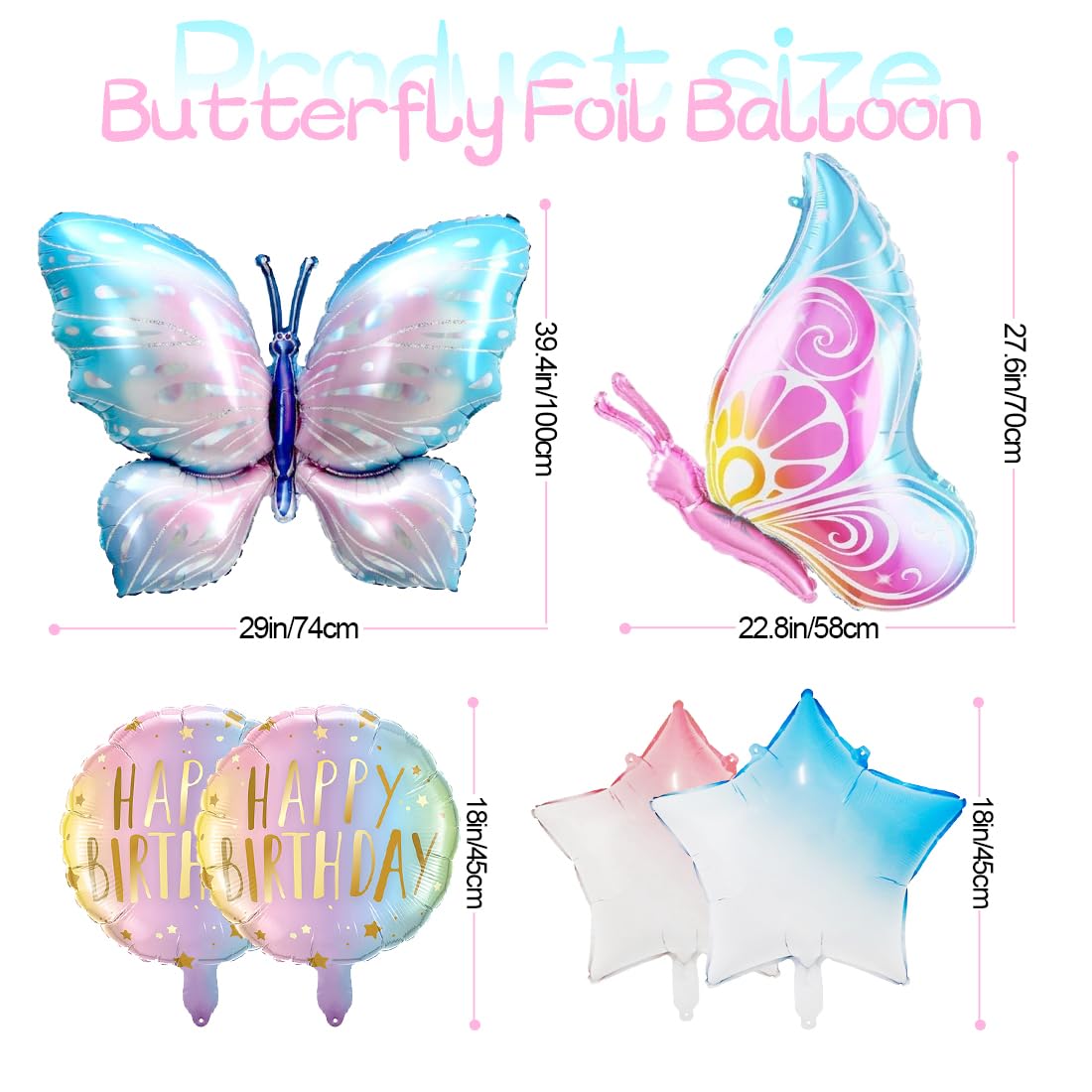 Vlinderverjaardagsdecoraties voor meisjes van 7 jaar, XXL roze-paarse vlinderverjaardagsballon, kinderballon, taartmuurdecoraties en banner, cadeaus kinderfeestjes (feestpakket meisjes van 7 jaar
