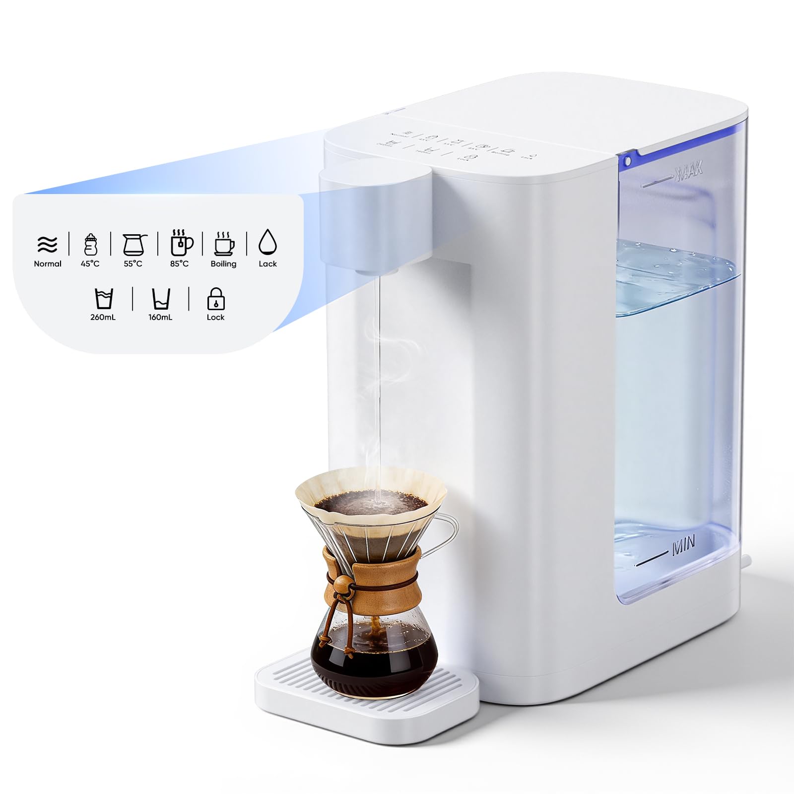3L Instant Hot Water Dispenser | 5-Level Temperature Control (45°C-85°C) | 2-Volume Options (160ml-260ml) | Digital Touch Screen, Child Lock, LED Night Light, Low-Water Alert, for Home Kitchen, Office