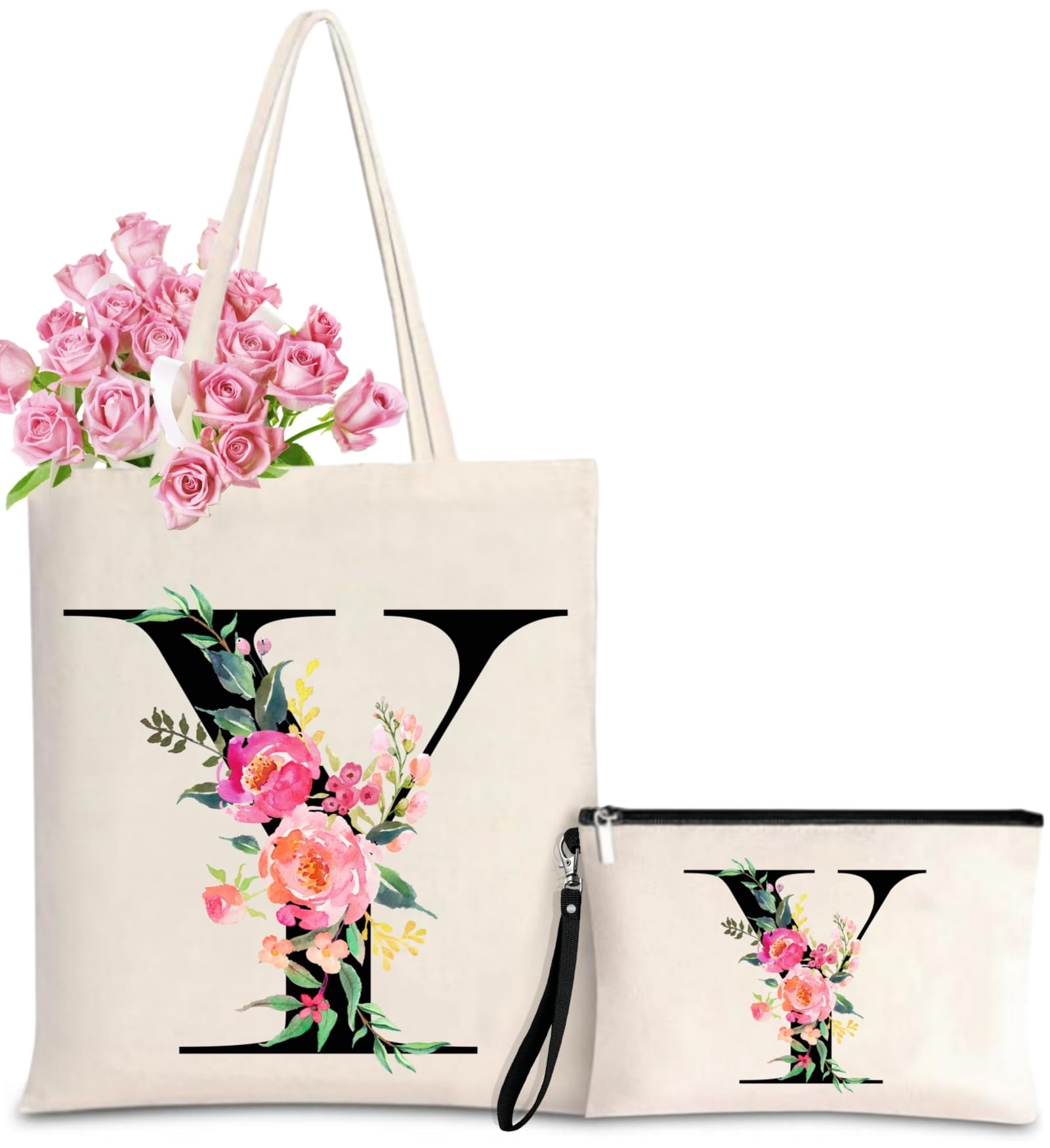 Initial Canvas Tote Bag for Women, Personalized Monogrammed Tote Bags with Makeup Gift Bag for Wedding Bridesmaids Birthday