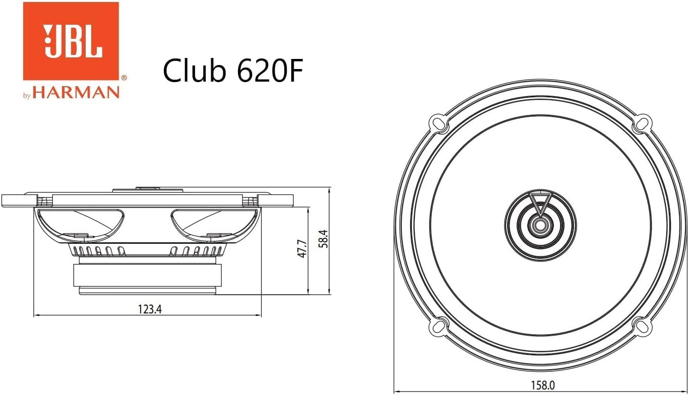 JBL SPKCB620F Altavoces coaxiales de Coche 2 vías 6,5 Pulgadas con 55 W RMS y 165 W Pico, sensibilidad 92 dB, 3 ohmios, 55 Hz–20 kHz, woofer Plus One y Tweeter Pei, diseño Plano