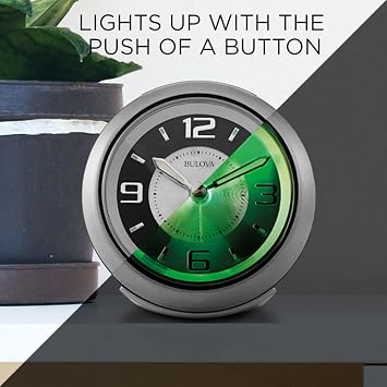 Bulova - 3.75 W x 3.75 H B5027 Lite Night Alarm Clock | Brushed Silver-Tone Case | Illuminated Dial | Luminous Hands | Quiet Sweep | Snooze Function