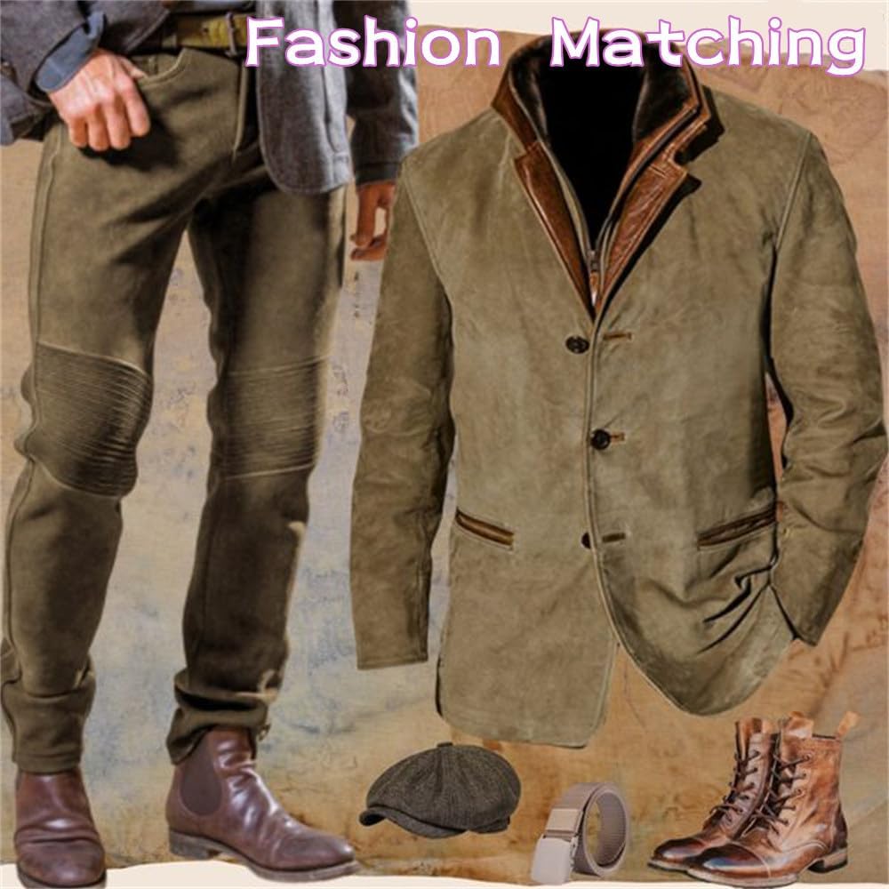 Chaquetas de gamuza vintage para hombre, chaqueta de doble capa, cuello de piel, longitud media, abrigo de otoño e invierno al aire libre