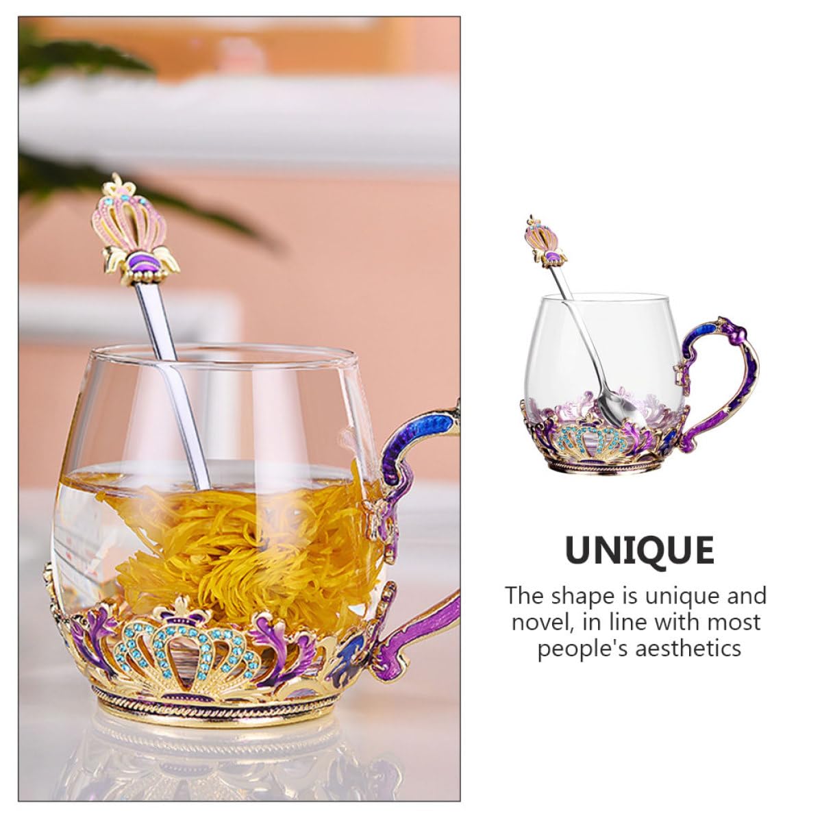 Healeved Taza de Té de Cristal Esmaltado Pequeña con Cuchara, Resistente al Frío y Calor, Ergonómica para Uso Doméstico y Oficina, Juego Sencillo con Diseño Funcional Color Aleatorio