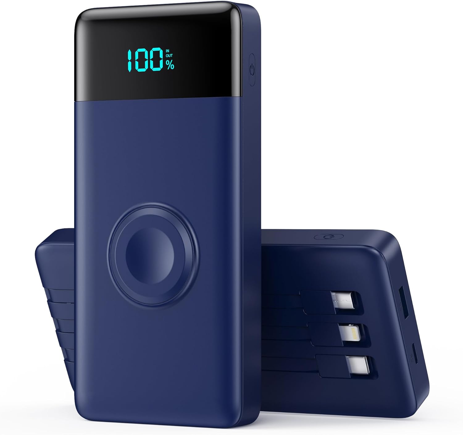 Portable Charger with Built-in Cables and iWatch Charger,10800mAh QC4.0+PD 25W Fast Charging USB C Power Bank,6 Outputs LCD Display Battery Pack for iPhone 16/15/14/13/12 Series,Apple Watch-Deep Blue