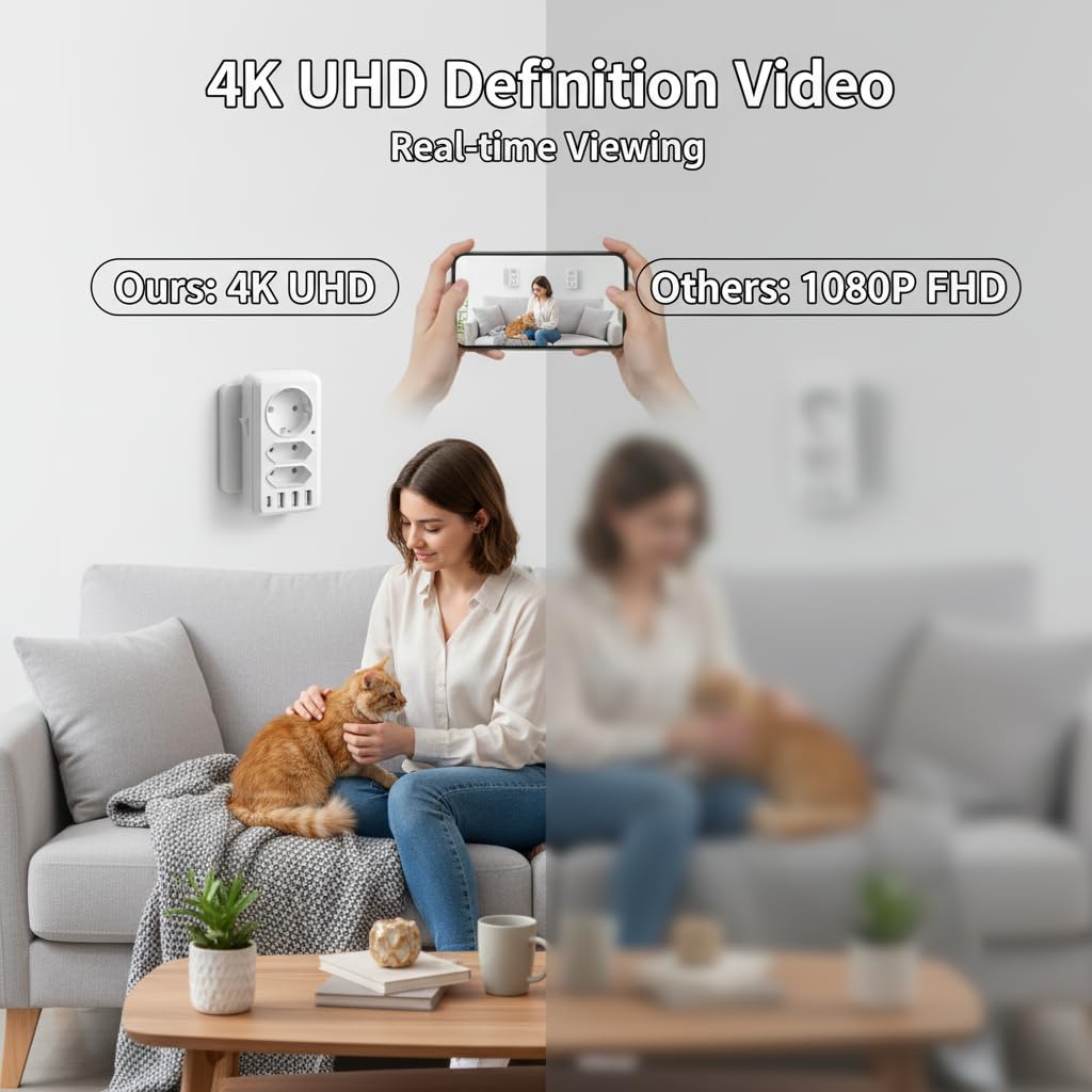Fotocamera 4K Ultra HD con grandangolo 100°, rilevamento del movimento, connessione WiFi o modalità punto di accesso, archiviazione locale, registrazione in loop, presa europea Plug & Play