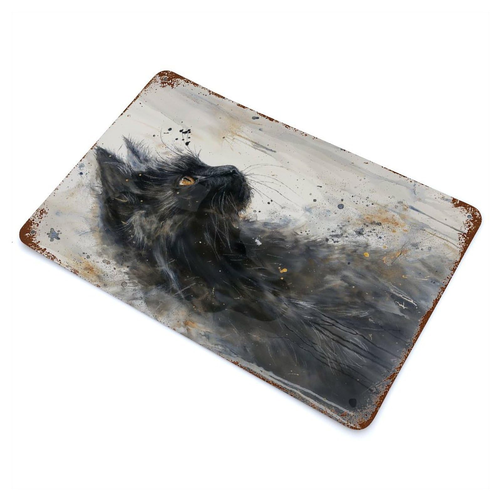 Rust Effect Mystic Feline Gaze Aged Metal Wall Plaque 11.8"x7.9", Farmhouse Wall Decor for Office, Studio And Wall Decor