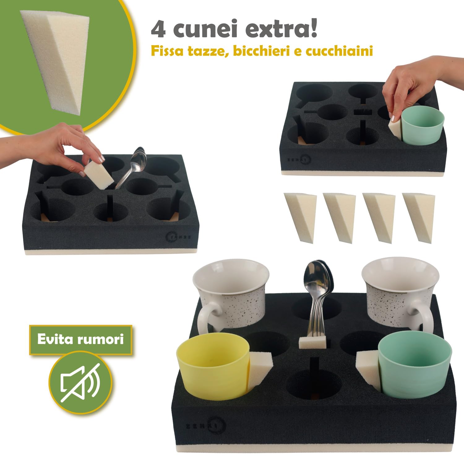 ZENKI Supporto per tazze per camper (8 tazze, 8 cucchiai, 4 cunei di fissaggio), materiale biologico. Per camper, roulotte, barche. Supporto per bicchieri e tazze per roulotte Airstream. Accessorio