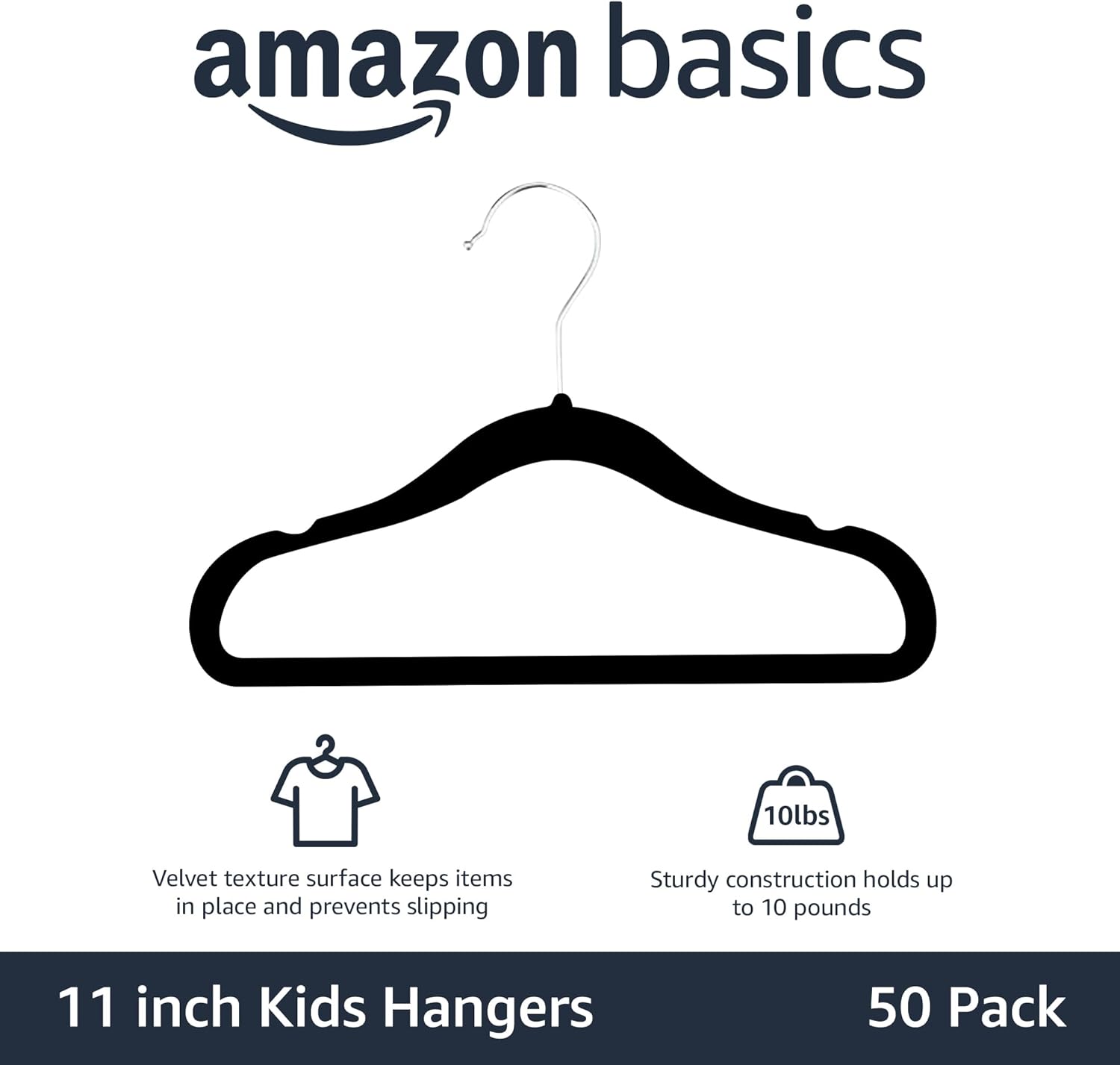 Amazon Basics Kids Velvet, Non-Slip Clothes Hangers for Infant and Toddler, 11.6 in (for baby clothes), Pack of 50, Black - Image 2