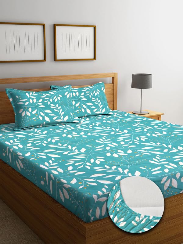 Image of NHD HOME Premium Cotton 220 TC Elastic Fitted Leafs Bedsheets with 2 Pillow Covers | Double /King Bed with All Around Elastic Wrinklefree Supersoft Breathable |Size-78 x72+10 inches | Sky Blue & White