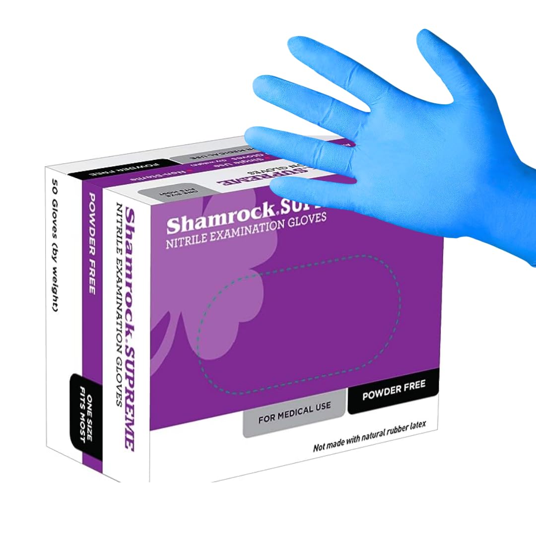 Shamrock Nitrile Exam Gloves, 50 Count, Blue, Powder Free, Latex Free, Disposable, Food Safe, Medical Grade, One Size Fits Most