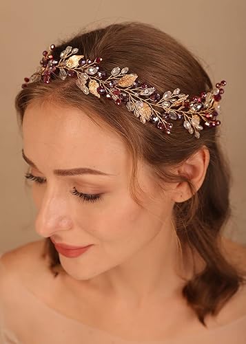 Denifery Diadema de boda de cristal de vid de pelo rojo, pieza de pelo bohemio para novia con hoja dorada para mujeres y niñas