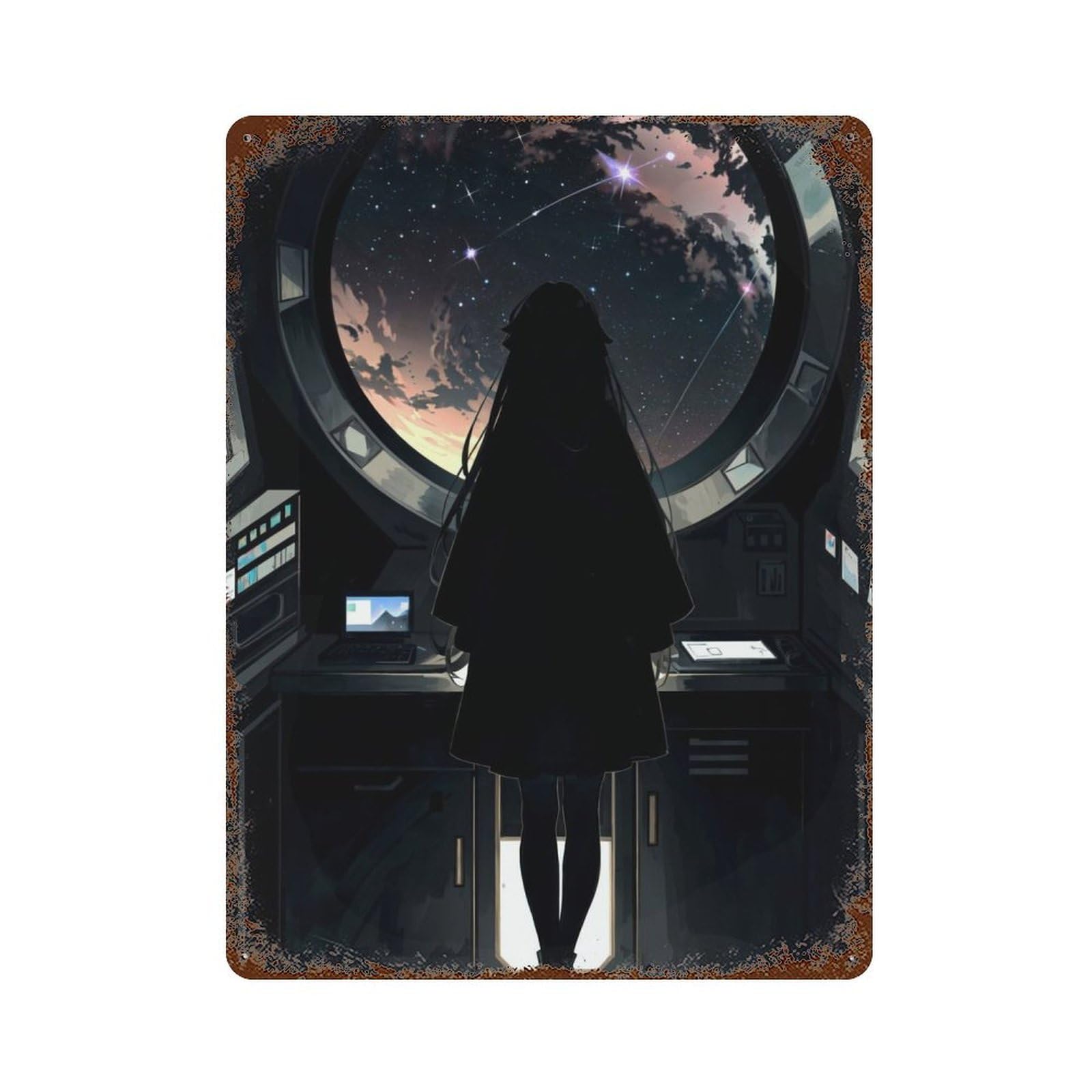Garage Style Lonely Girl At Night Rustic Tin Plaque 15.7"x11.8", Classic Wall Plaque for Bar And Workshop