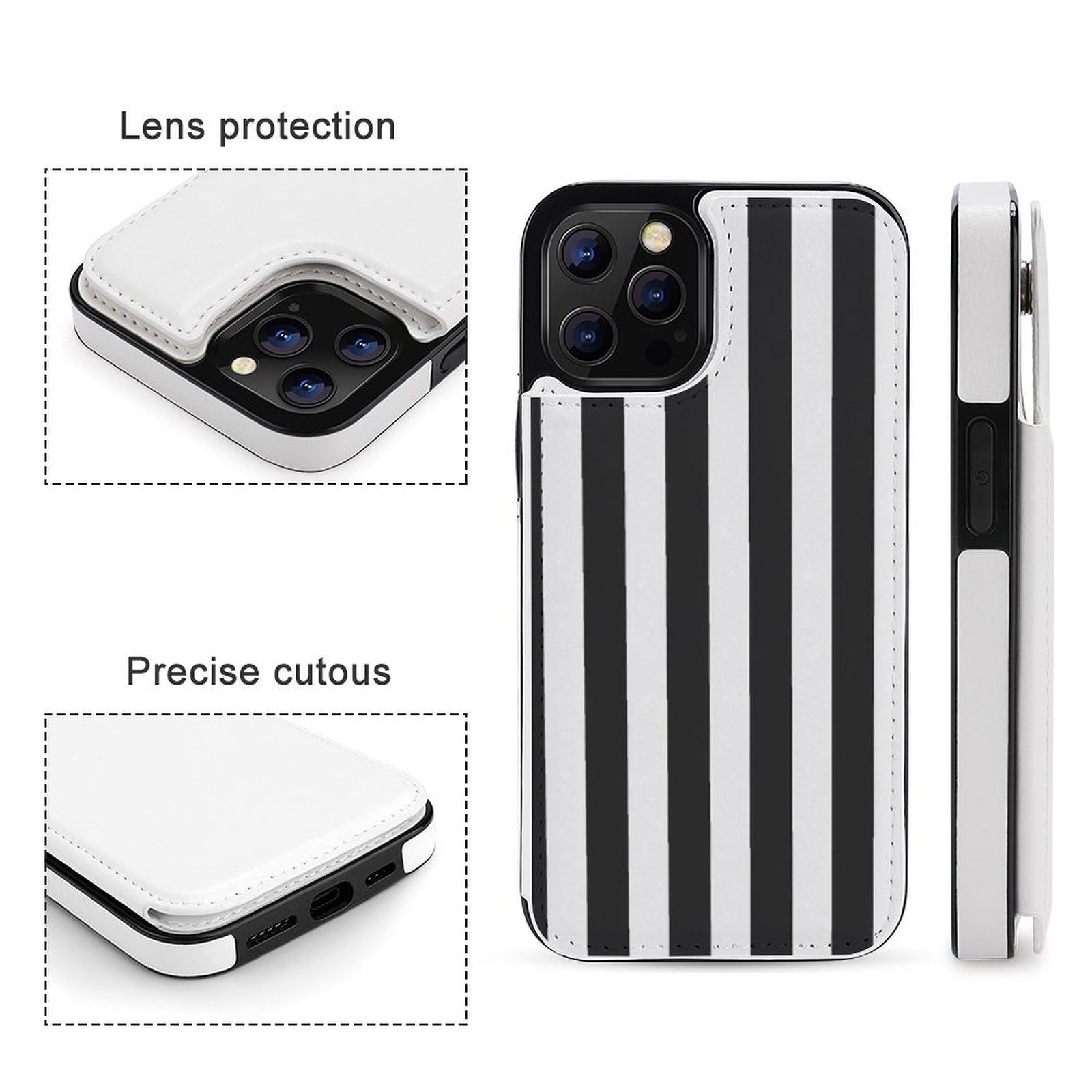 Fundas tipo cartera para iPhone 12 Pro Max, con estampado de rayas blancas y negras, funda de piel con ranuras para tarjetas