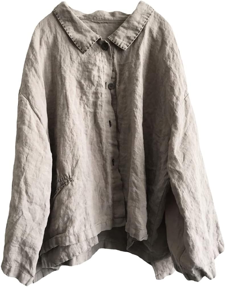 NFYM Women's 100% Linen Button-Down Shirt Long Sleeve Vintage Loose Fit Handmade Stitch Casual Top