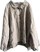 NFYM Women's 100% Linen Button-Down Shirt Long Sleeve Vintage Loose Fit Handmade Stitch Casual Top