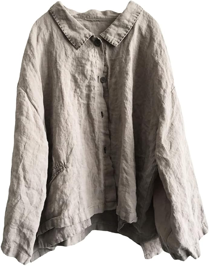 Women Artsy Lattice 100 Linen Turn Down Collar Shirt
