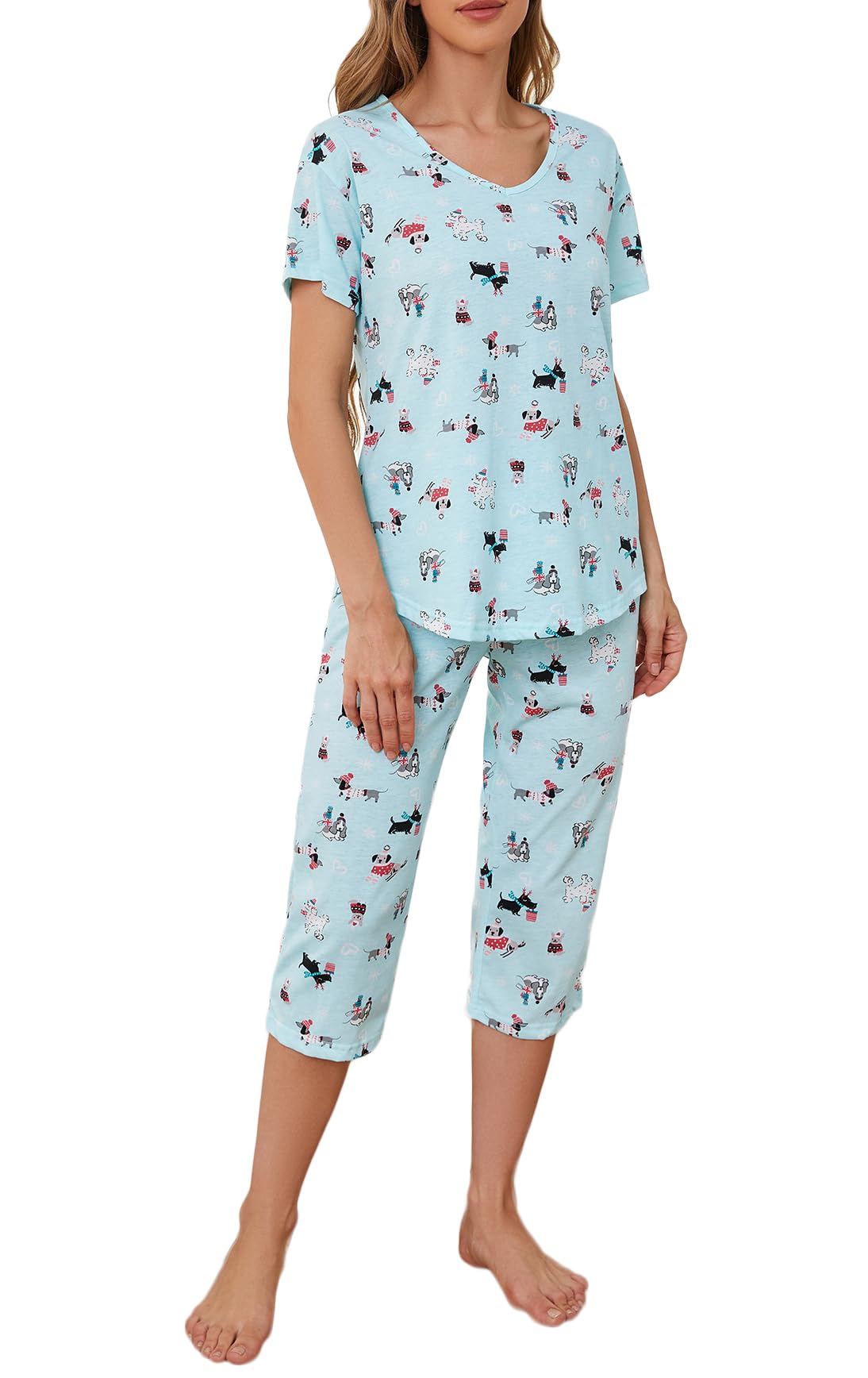 CHUNG Women Cotton Pajama Sets Sleepwear pjs Short Sleeve Shirt Capri Length Crop Pants Cute Vivid Print