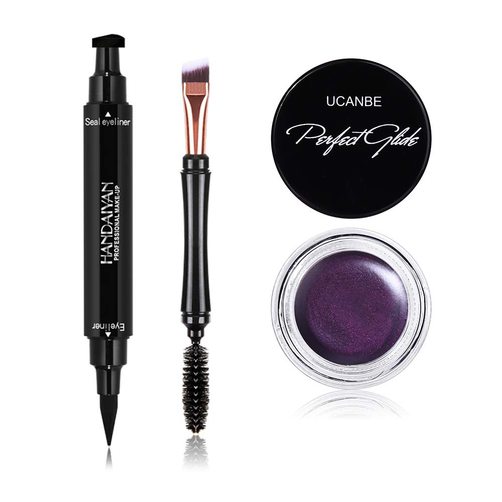 UCANBE Waterproof Eyeliner Cream + Dual-ended Black Liquid Winged Eyeliner Stamp Pen + Two Head Brush Set Makeup Long Lasting Quick Flick Smudge-proof Natural Eyes Liner (03 Metal Purple)