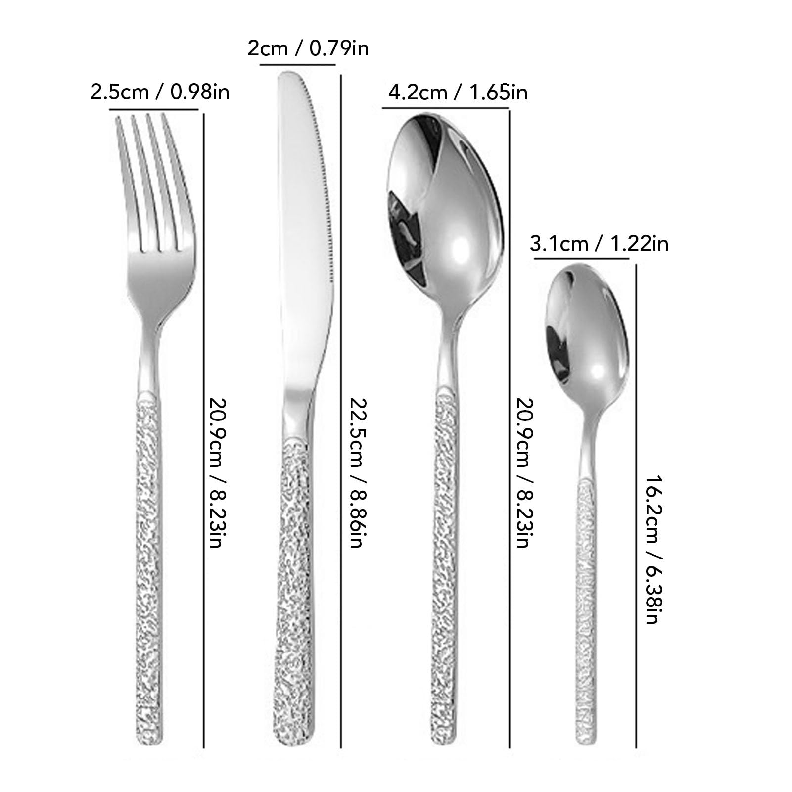 Fdit Juego de Cubiertos para 6 Personas, Juego de Cubiertos de Acero Inoxidable de 24 Piezas con Acabado Plateado, de con Patrón Martillado para Mesa de Comedor, (SILVER)