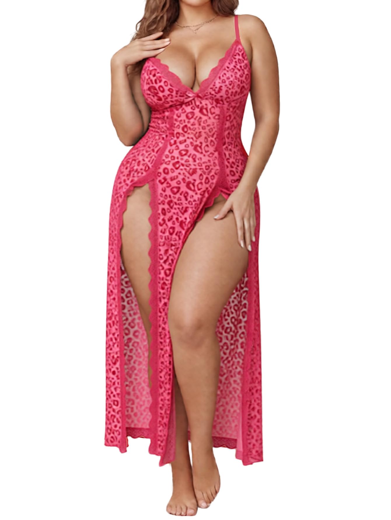 Alrovetoney Women's Plus Size Lingerie Mesh Nightgown Strappy Side Slits
