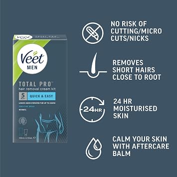 Veet Men's Intimate Hair Removal Kit - 100 ml Cream, 50 ml After Shave Balm, Spatula - Genital & Pubic Remover for Smooth Skin