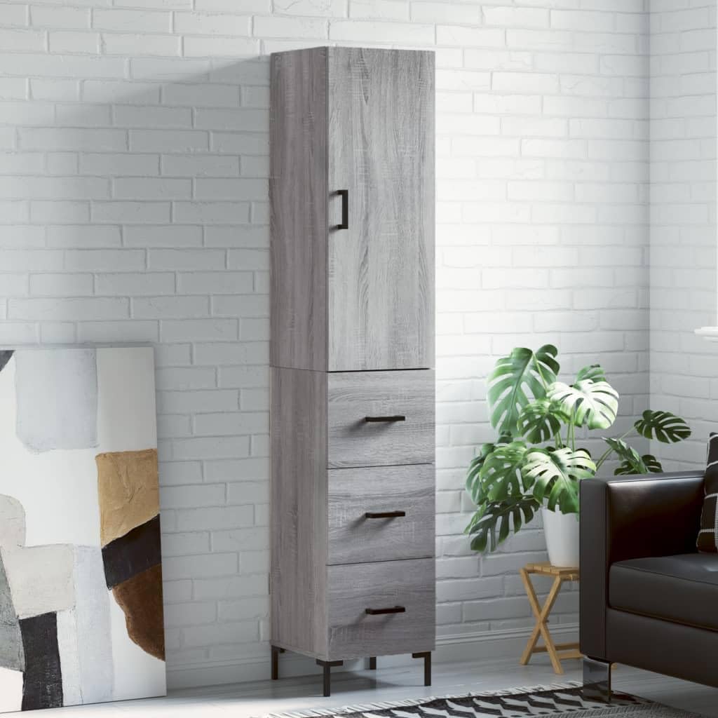 Wysoki kredens Sonoma szara sklejka wysoki kredens z metalowymi drzwiami i nogami do organizacji domu 34,5x34x180 cm