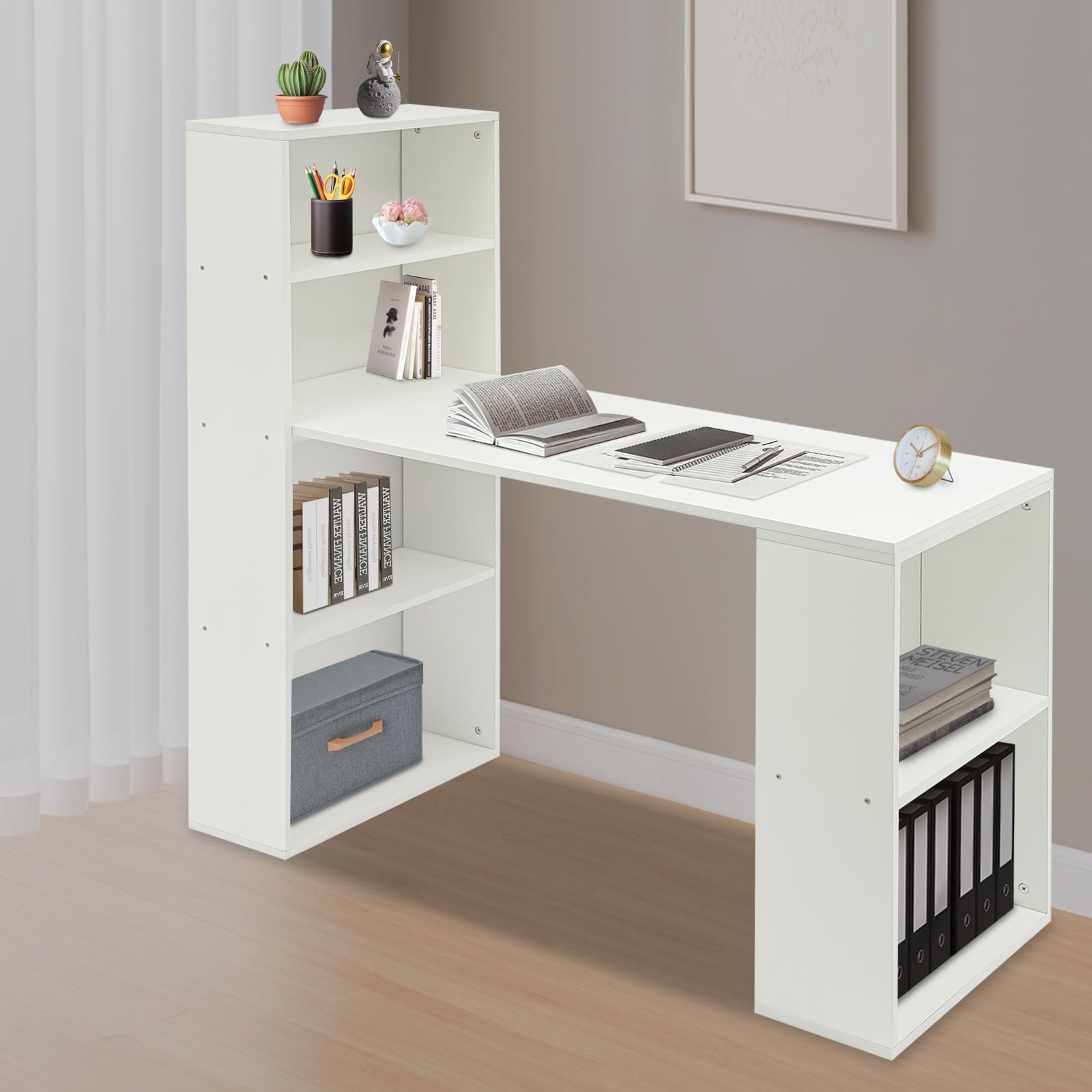 Scrivania con vano portaoggetti, scrivania per computer con ripiani aperti, tavolo da ufficio, bianco per camera da letto, studio, 52,4 x 120 x 120 cm