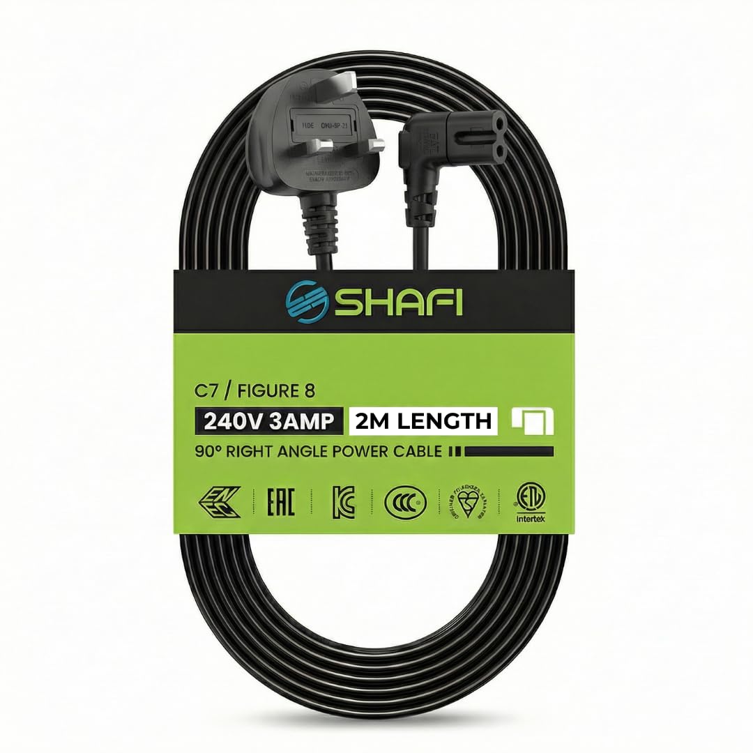 SHAFI® Figure Of 8 Power Cable 2M | 2-Pin Right Angle IEC-C7 Connector Universal UK TV Plug & Figure 8 Power Lead | Compatibility with PS5 LG TV Speaker Power Cable