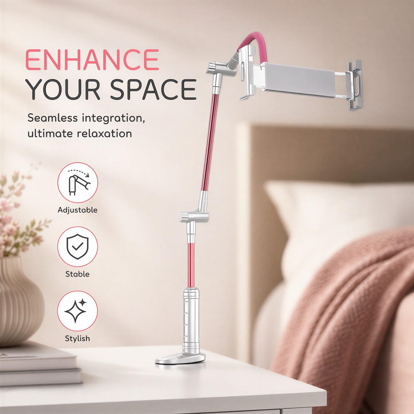 Flexibler Tablet-Halter, Langer Arm für Bett und Schreibtisch, 360-Grad-drehbarer Tablet-Halter mit Kopf, Rosa Telefonklemme, ergonomischer Schwanenhalsarm für Filme und Lesen