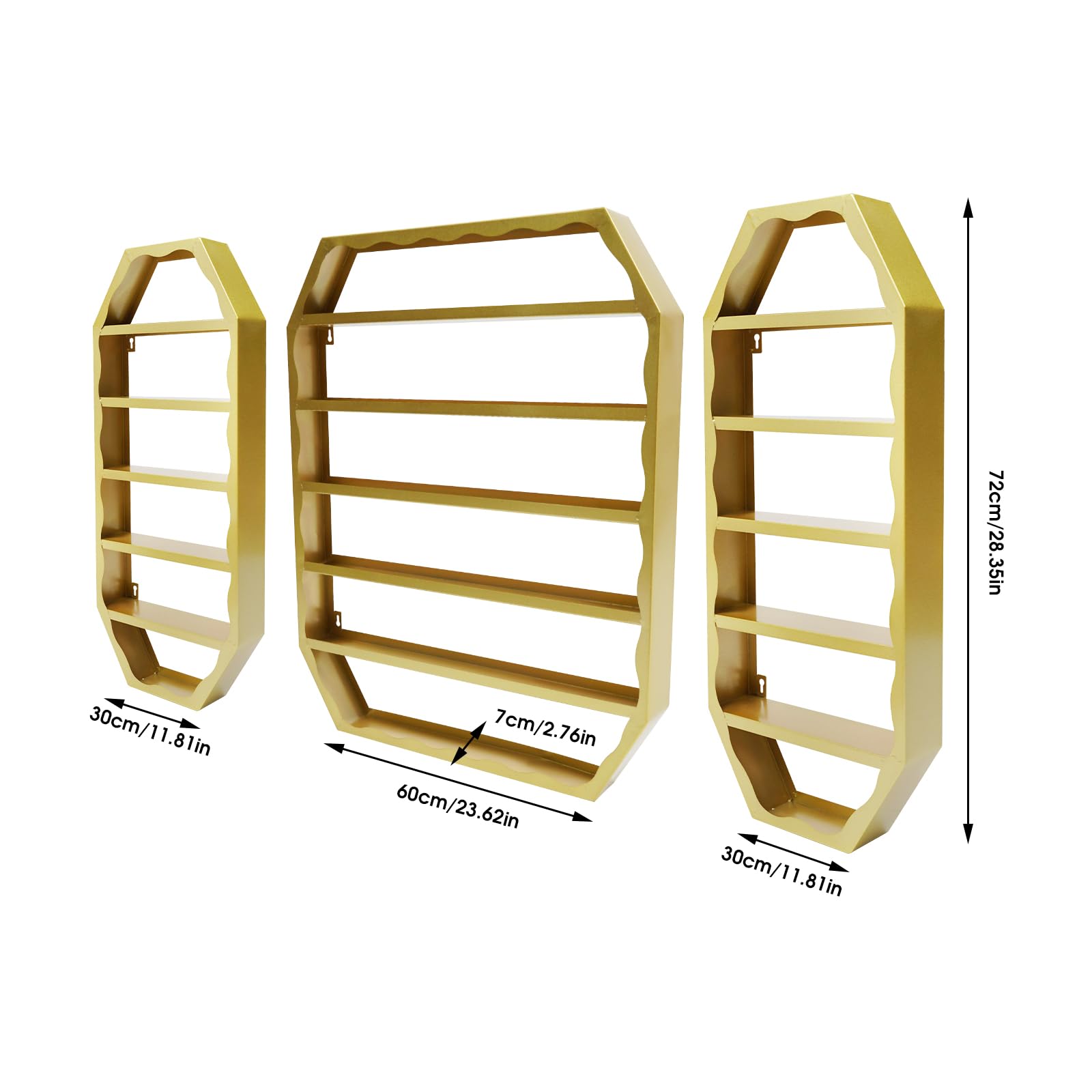 CRYBY 3Pcs Nail Polish Display Rack, Wall-Mounted Nail Polish Storage Rack Iron Nail Polish Organizer with 1 Middle Rack & 2 Side Racks, Nail Polish Display Stand Nail Polish Holder Shelf (Gold)