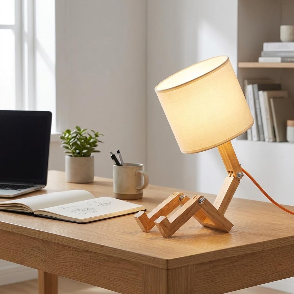 BARCELONA LED YOKI Holz Tischlampe Gelenkig, Skandinavische Schreibtischlampe im Figuren Design mit Weißem Stoffschirm, E27 Nachttischlampe für Schlafzimmer, Büro und Wohnzimmer