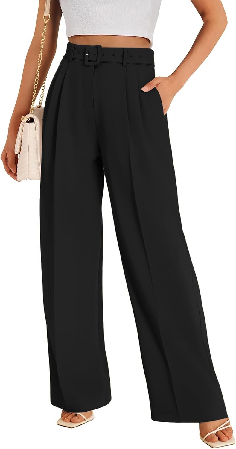 FUNYYZO Women Dress Office Pant High Waist Wide Leg Slacks Business Work Casual Long Belted Trousers 2026