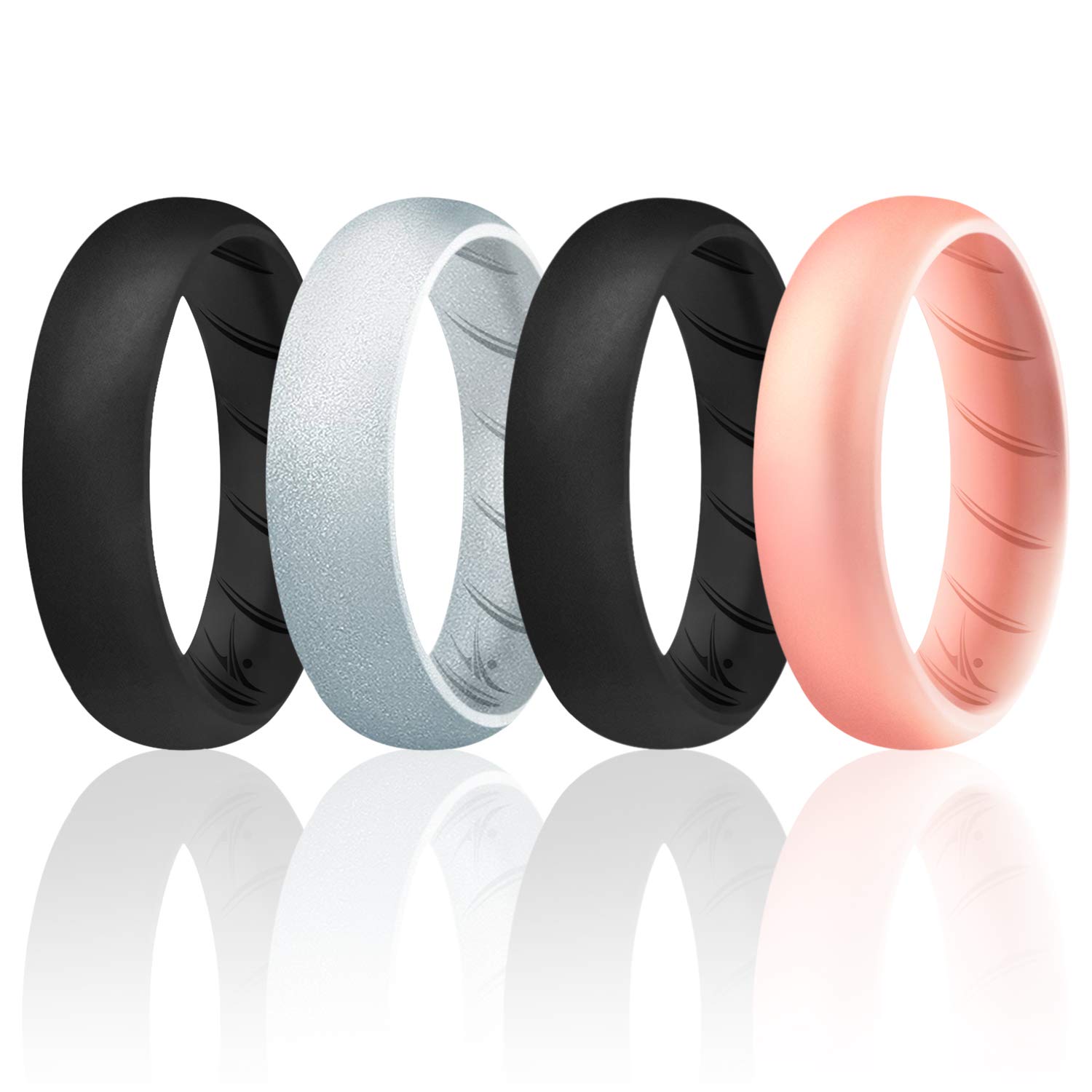 ROQ Silicone Rubber Wedding Ring for Women, Rubber Silicone Wedding Band, Bridal Jewelry Set, Anniversary Rings, Promise Ring, 5.5mm Wide 2mm Thick, 4 Pack, Black, Rose Gold, Metal Silver, Size 6