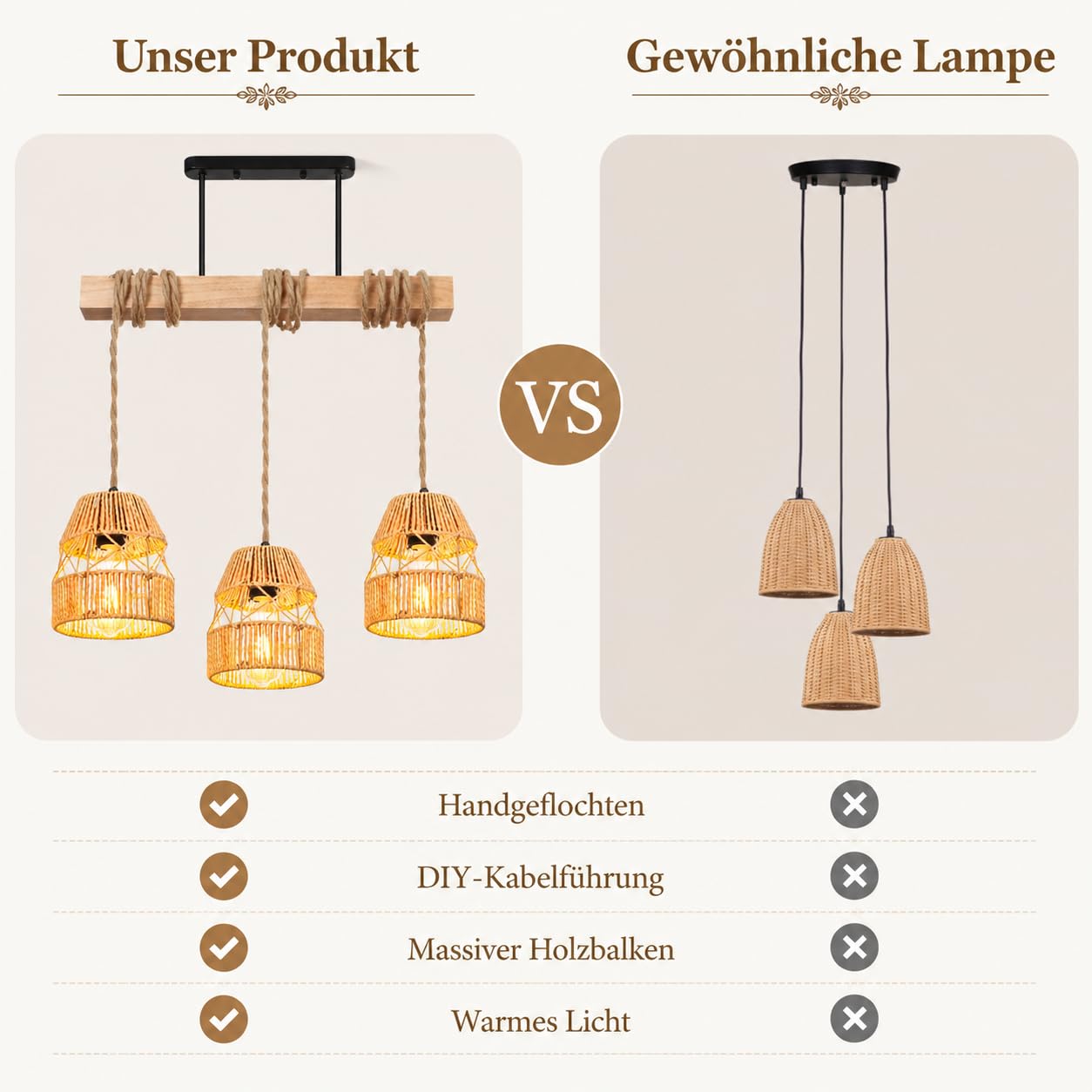 Pendelleuchte Esstisch Rattan 3-Flammig E27, Hängelampe Holz Boho Einstellbarer Winkel, Deckenlampe Boho Vintage Esstischlampe Hängend für Kücheninsel Wohnzimmer Esszimmer Landhausstil