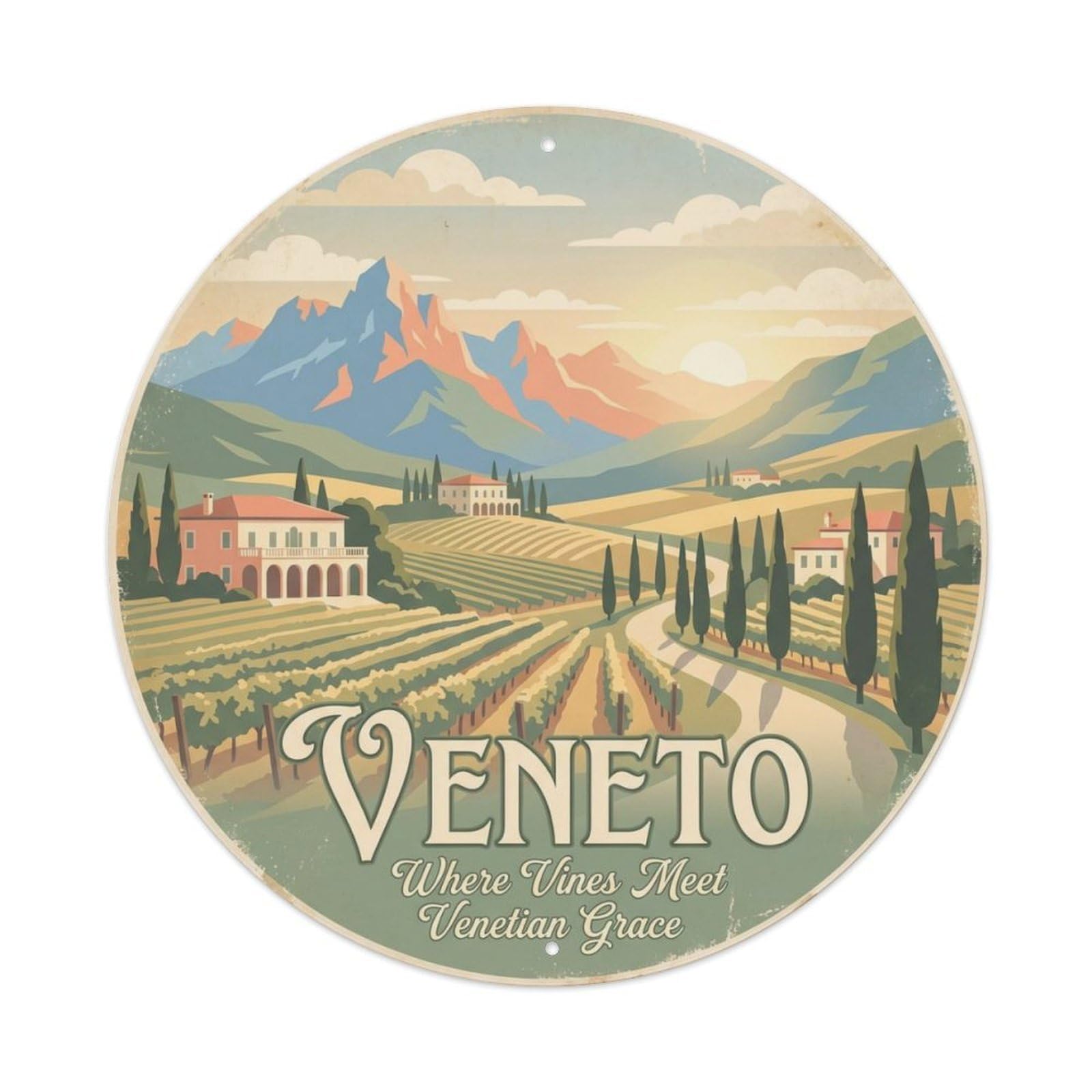 Vintage Travel Veneto Vineyards Italy Metal Tin Sign Plaque Wall Decor for Cafe, Club Bar, Office, Home Garden Round Metal Poster 8x8Inch